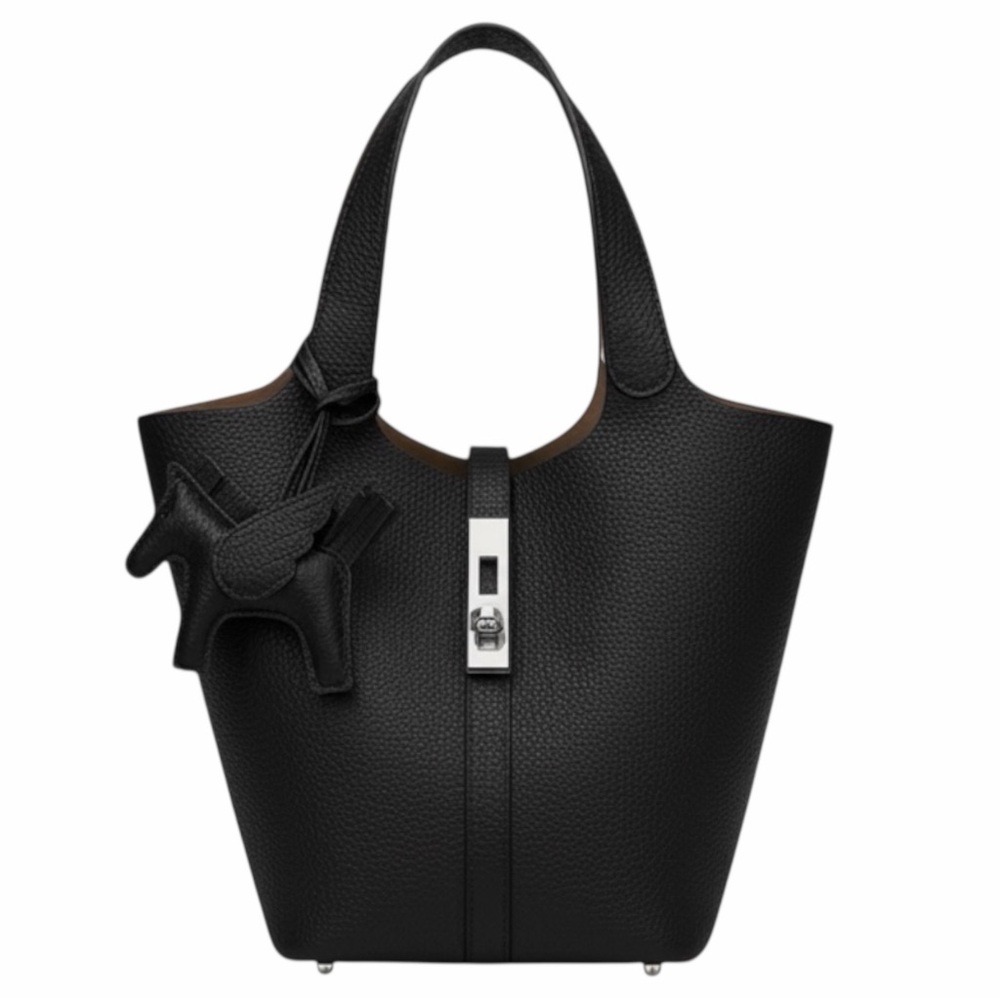 TU.Luxe Black Vegan Leather Bucket Tote w/ Pouch & Charm - Hermes-Similar Style